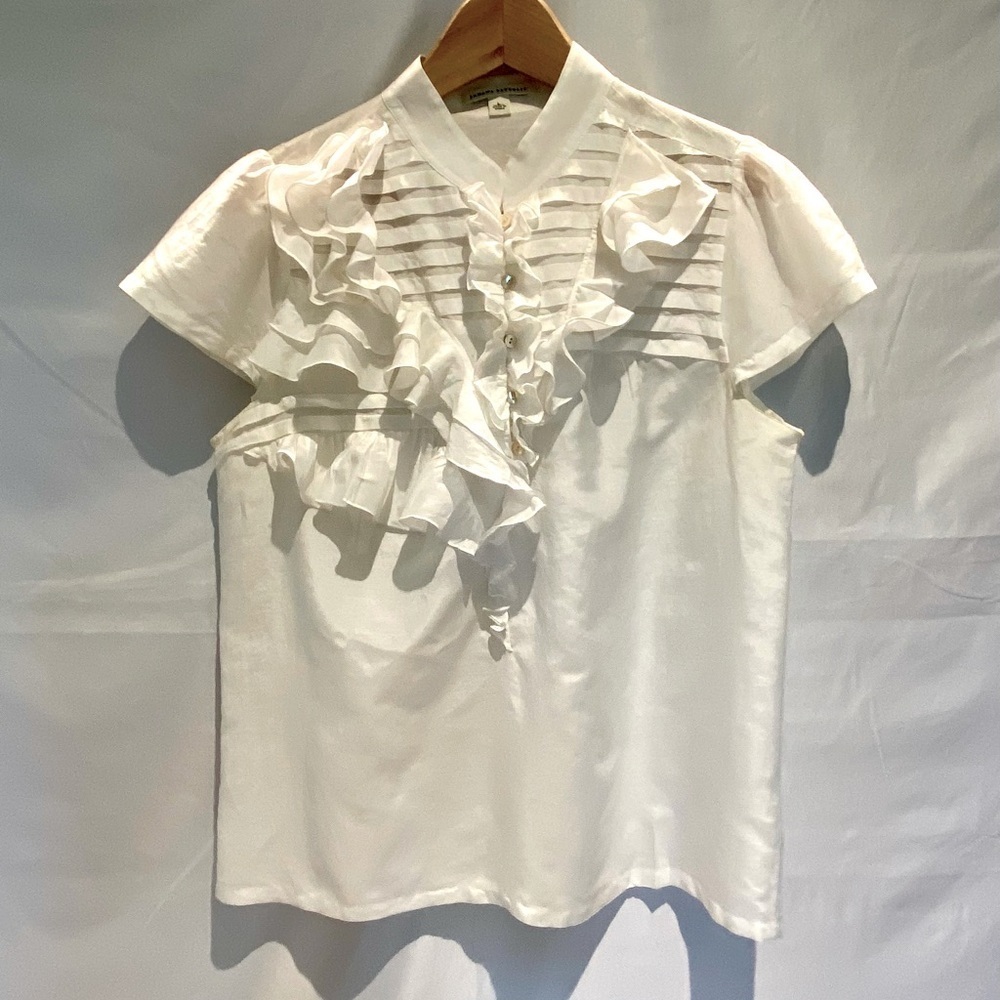 Banana Republic Cotton & Silk Blend Ruffle-Trim Blouse, White, size L